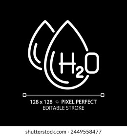 H2O white linear icon for dark theme. Chemical formula of water. Scientific symbol. Water composition. Thin line illustration. Isolated symbol for night mode. Editable stroke. Pixel perfect