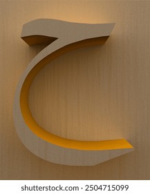 Ha 3d rendering of Arabic alphabet, Hijaiyah Islamic calligraphy with a wood pattern background.