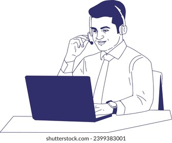 The ha businessman is sitting at desktop. Work the computer, financial analytics. Office worker or company employee. Front and backside. Vector Illustration in cartoon style. corporate men in office.