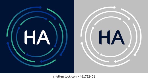 HA design template elements in abstract background logo, design identity in circle, letters business logo icon, blue/green alphabet letters, simplicity graphics