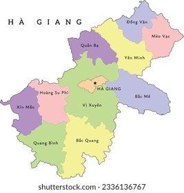 Ha Giang (Hà Giang) province of Vietnam administrative divisions map. Clored. Vectored. Bright colors