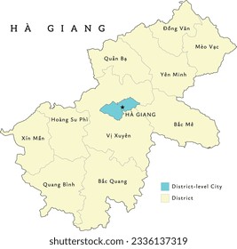 Ha Giang (Hà Giang) province of Vietnam administrative divisions map. Clored. Vectored. Types of districts