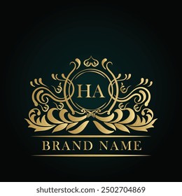 HA golden letter logo. HA logo initial Luxury ornament emblem. Golden template for cafe, bars, boutiques, invitations. Logo for business. Vintage elements.