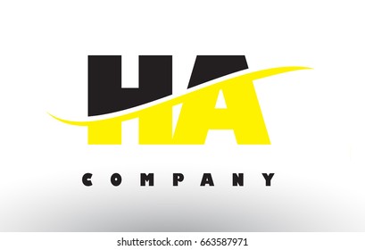 HA H A  Black and Yellow Letter Logo with White Swoosh and Curved Lines.