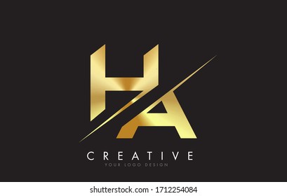 HA H A Golden Letter Logo Design with a Creative Cut. Creative logo design with Black Background.