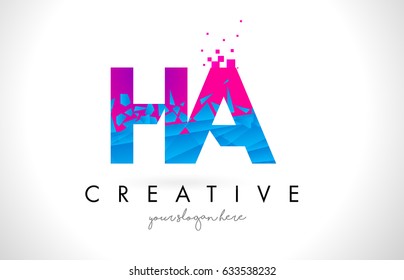HA H A Letter Logo with Broken Shattered Blue Pink Triangles Texture Design Vector Illustration.