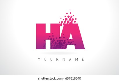 HA H A Letter Logo with Pink Letters and Purple Color Particles Dots Design.