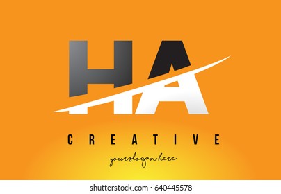 HA H A Letter Modern Logo Design with Swoosh Cutting the Middle Letters and Yellow Background.