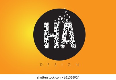 HA H A Logo Design Made of Small Letters with Black Circle and Yellow Background.