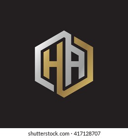 HA initial letters looping linked hexagon elegant logo golden silver black background