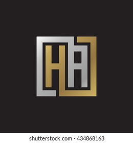 HA initial letters looping linked square elegant logo golden silver black background