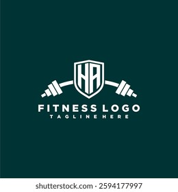 HA initial monogram for fitnes or gym logo with creative shield and barbell design