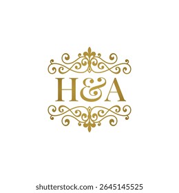 HA initials logo ornament gold. Letter HA wedding ampersand or business partner symbol