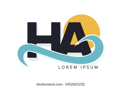 HA letter logo with ocean waves and sunset. Beach concept design