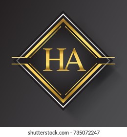 HA Letter logo in a square shape gold and silver colored geometric ornaments. Vector design template elements for your business or company identity.