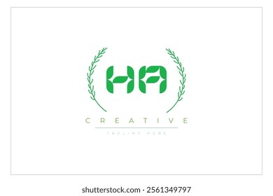 HA letters eco logo with leaf. Fresh nature and healthy leaf logo design.