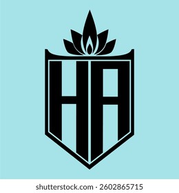 HA Logo featuring a minimalist design with a crown-like flower symbol on top, bold black elements, and a soft blue background, perfect for branding and modern visual identity.