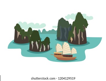 Ha long bay cartoon style. Vietnam landmark vector illustration. Asian travel attraction, isolated on white background. Famous rock island with  traditional Vietnamese ship 