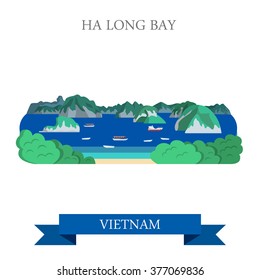 Ha Long Bay in Vietnam. Flat cartoon style historic sight showplace attraction web site vector illustration. World countries cities vacation travel sightseeing Asia collection.