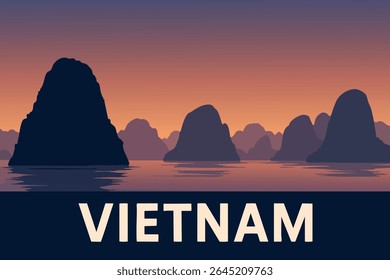 Ha Long Bay’s dramatic karst limestone islands and tranquil waters at sunset offer a serene and breathtaking escape in Vietnam’s natural beauty