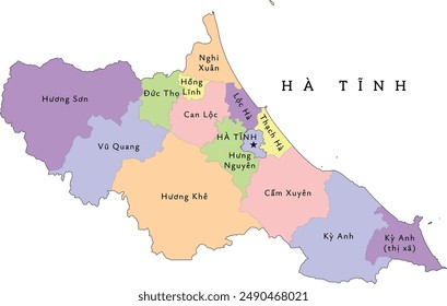 Ha Tinh (Hà Tĩnh) province of Vietnam administrative divisions map. Colored. Vectored. Bright colors