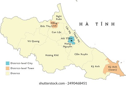 Ha Tinh (Hà Tĩnh) province of Vietnam administrative divisions map. Colored. Vectored. Types of districts