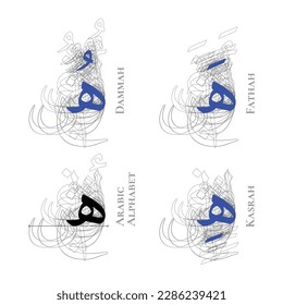 HAA Vector Isolated Fathah Kasrah Dammah Vowel Arabic Alphabet Type Character Letters Script Naskh Nuqta Form Hamzah Outline Shadow Structure Overlap Background Line Path Blue Black White Gray Art