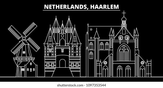 Haarlem silhouette skyline. Netherlands - Haarlem vector city, dutch linear architecture, buildings. Haarlem travel illustration, outline landmarks. Netherlands flat icon, dutch line banner