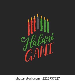 Habari Gani translate in English How Are You,  hand lettering, seven candles drawn illustration, holiday vector background