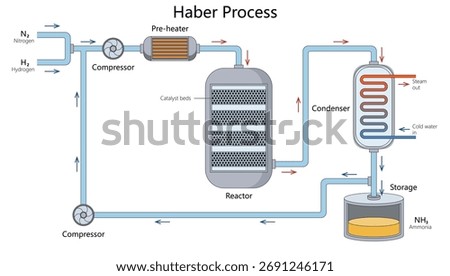 Haber process showing how nitrogen and hydrogen are converted into ammonia using heat, pressure, and catalysts diagram hand drawn schematic vector. Science educational illustration