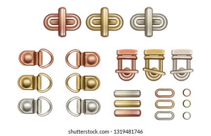 Haberdashery accessories. Metal twist locks for bags. Loops and rings