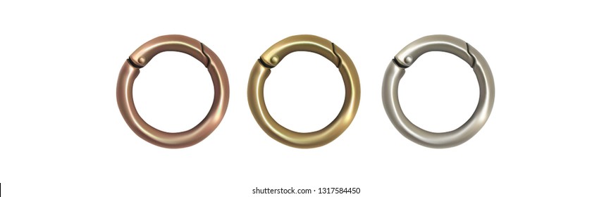 Haberdashery accessories. Round metal snap hooks for women bag. Vector image isolated on white background.