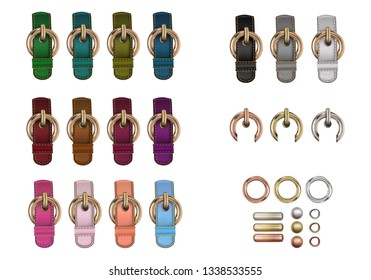 Haberdashery accessories. Set metal round buckles and leather straps with stitches of different colors.