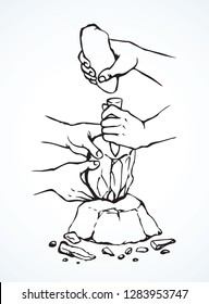 Habilis erectus boy process simple sculpture by heavy hard basalt cobble in palm knuckle isolated on white background. Line black ink drawn figure sketch in artistic retro archaic epoch engraved style