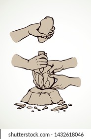 Habilis erectus boy process simple sculpture by heavy hard basalt cobble in palm knuckle isolated on white background. Line black ink drawn figure symbol in artistic retro archaic epoch engraved style