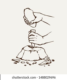 Habilis erectus boy process simple sculpture by heavy hard basalt cobble in palm knuckle isolated on white background. Line black ink drawn figure sketch in artistic retro archaic epoch engraved style