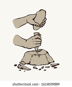 Habilis erectus boy process simple sculpture by big heavy hard basalt cobble in palm knuckle isolated on white background. Line black drawn figure artwork in artistic retro archaic epoch cartoon style