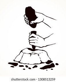 Habilis erectus process simple sculpture by heavy basalt cobble in palm knuckle isolated on white background. Line black ink drawn figure sketch in artistic retro archaic epoch engraved style