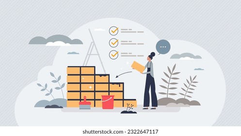 Habit building and build repetitive behavior process tiny person concept. Personal development with self management and new routine steps vector illustration. Career determination and personal effort