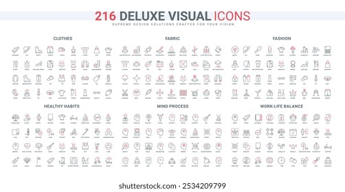 Habit for healthy body and mind, work life balance line icon set. Brainstorming and author ideas in human and AI head, fabrics and fashion thin black and red outline symbols vector illustration