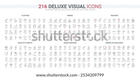 Habit for healthy body and mind, work life balance line icon set. Brainstorming and author ideas in human and AI head, fabrics and fashion thin black and red outline symbols vector illustration