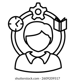 Habit icon represented by man, clook, gear, book Line style.