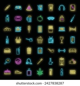 Habit nutrition icons set. Outline set of habit nutrition vector icons neon color on black