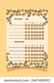 habit tracker with autumn orange flowers. Planner for monthly and daily organizing.