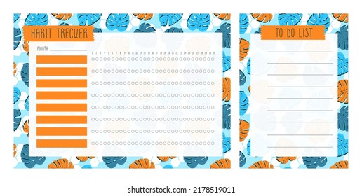 Habit tracker blank with Hand drawn floral texture. Bullet journal template. Monthly planer. Vector illustration. Abstract flowers. Botany. Printable organizer, diary, planner for important goals