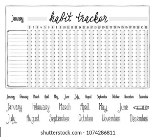 Habit tracker blank with Hand written cute names of months. Bullet journal template.  Monthly planer. Hand written calendar. Printable list.