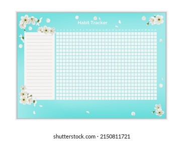 Habit tracker blank page A4. Business organizer schedule page for for effective planning. Bullet journal template. Monthly planer. Printable diary, for important goals. Elegant cute blue spring flower