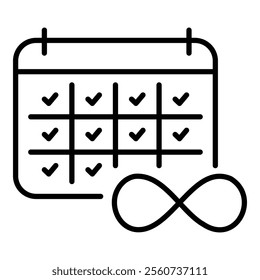 A habit tracker calendar with all dates checked, accompanied by an infinity symbol, representing continuous progress and limitless growth, round line vector icon with editable stroke