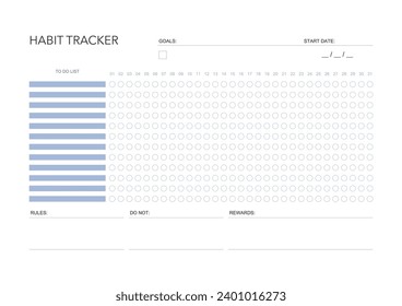 Habit tracker, challenge plan, minimalistic daily, weekly planner printable template. habit, workout planning and to do list. printable planner, digital planner. A4 size. Vector template. EPS 10