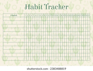 Habit tracker childish design with cacti picture. Blank printable goal setting sheet.